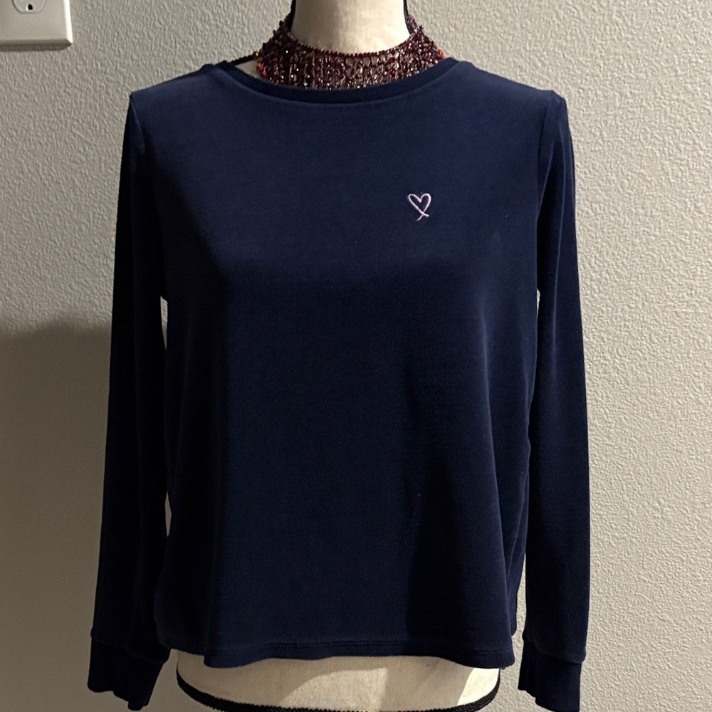 Victoria Secret Set Navy Blue Heart Velvet Embroidered Women's Top and Pants S